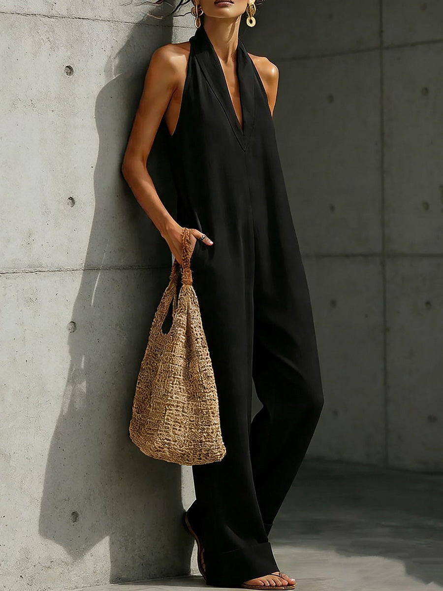 High-Waist V-Neck Pocket Sleeveless Jumpsuit