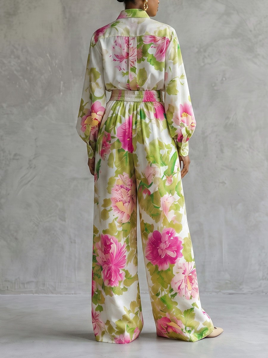 Floral Wide-Leg Pleated Pocket Pants