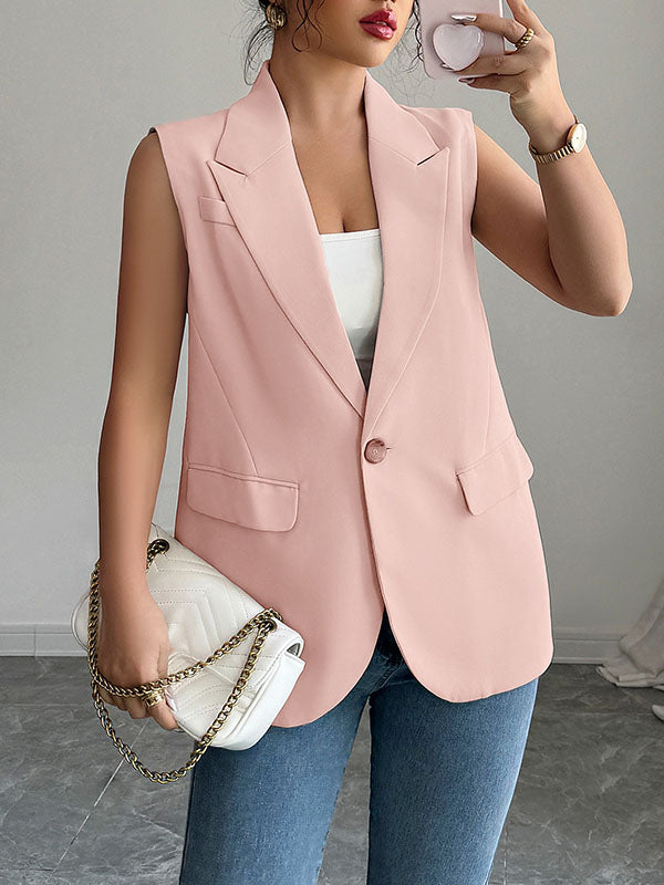 Notch-Collar Button-Detail Pocket Sleeveless Blazer