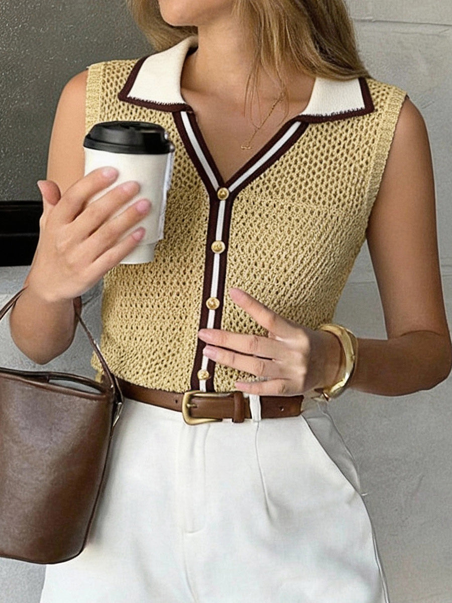 Button-Detail Sleeveless Relaxed Contrast Vest