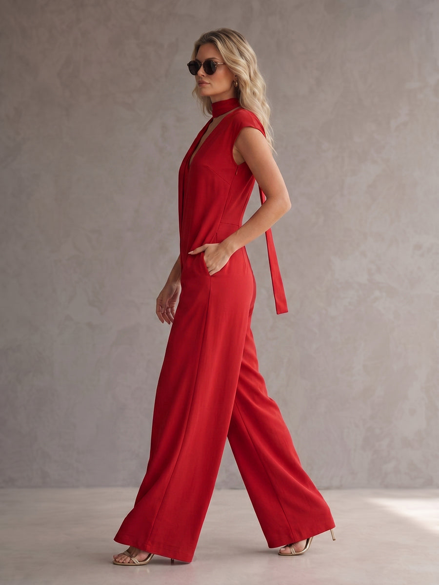 Wide-Leg V-Neck Pocket Relaxed Jumpsuit
