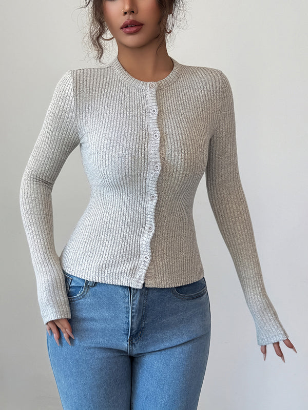 Round-Neck Button-Detail Long-Sleeve Cardigan
