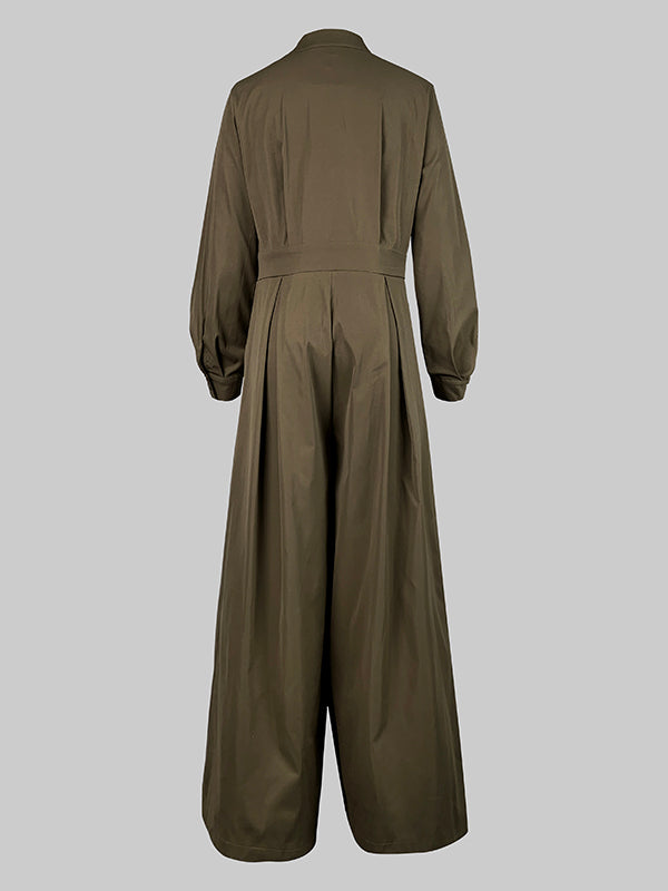 Wide-Leg V-Neck Button-Detail Relaxed Belt