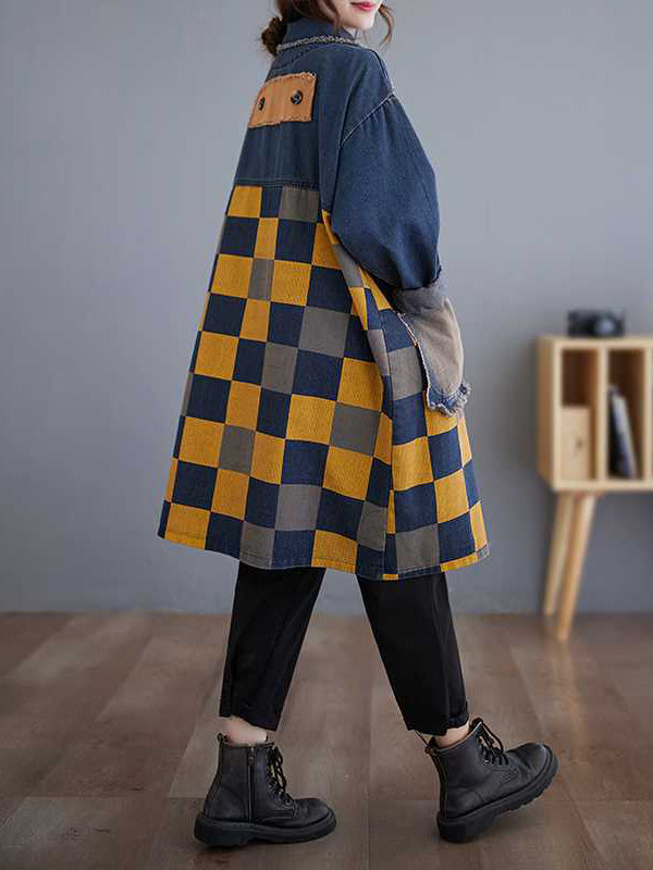 Checked Denim Notch-Collar Fringe Jacket