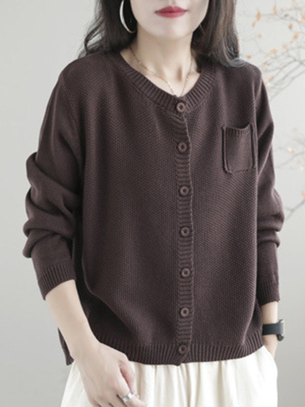 Round-Neck Button-Detail Long-Sleeve Relaxed Cardigan