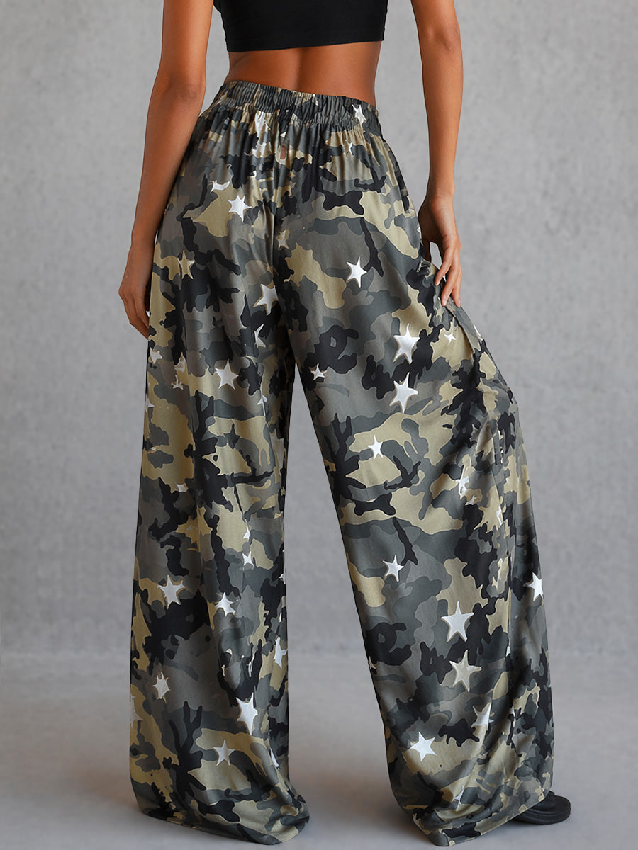 Camouflage Wide-Leg Pocket Elastic Pants