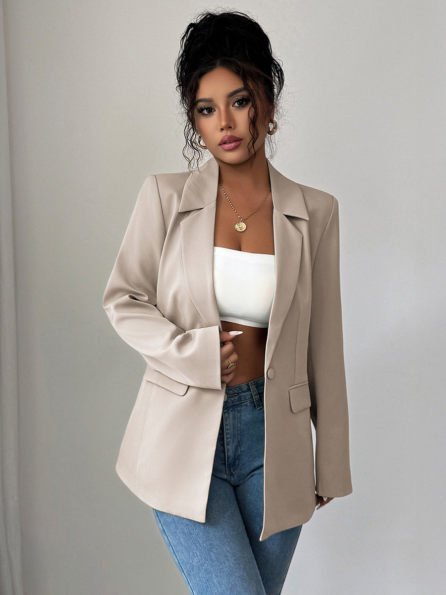 Notch-Collar Button-Detail Pocket Long-Sleeve Blazer