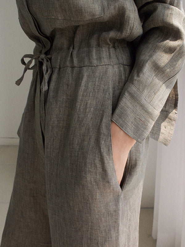 Linen Wide-Leg Drawstring Long-Sleeve Jumpsuit