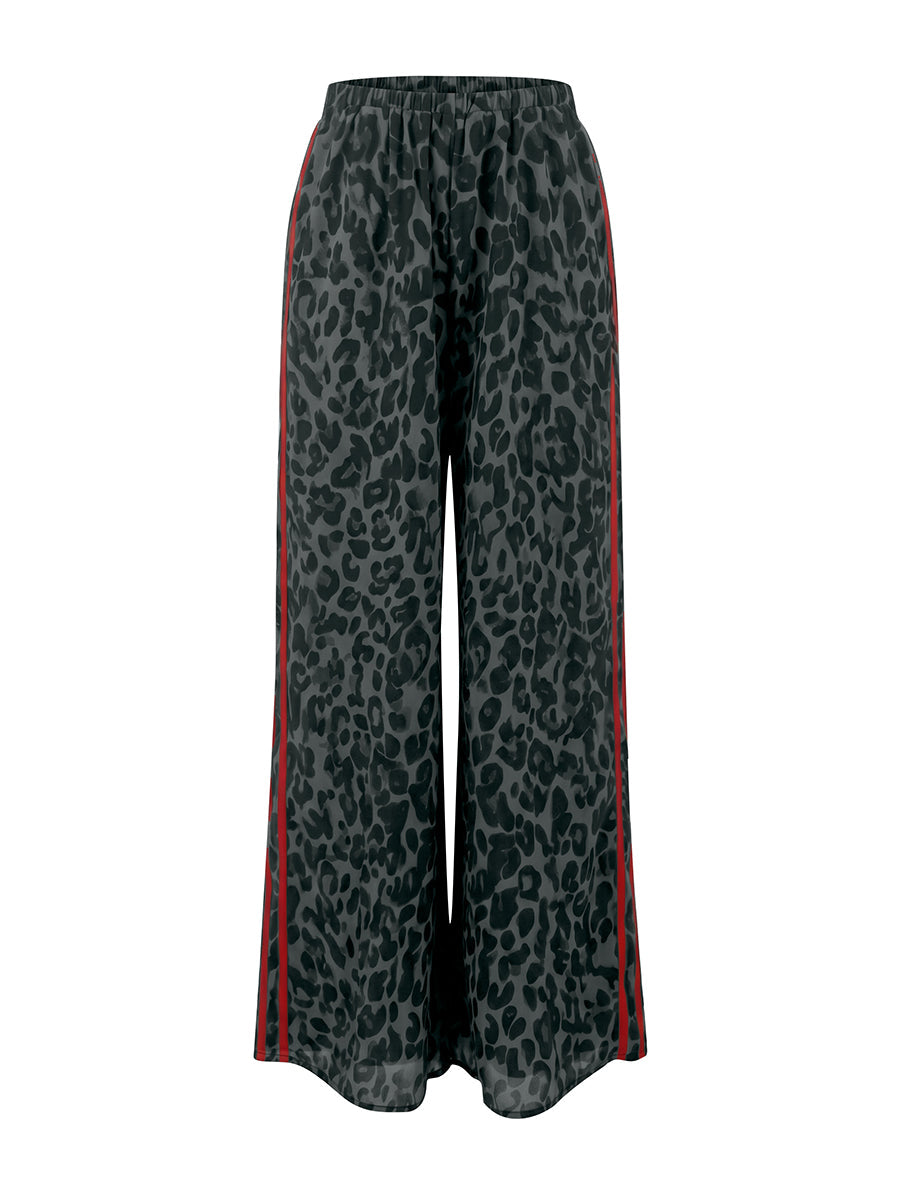 Leopard Print Striped Wide-Leg Pocket Pants