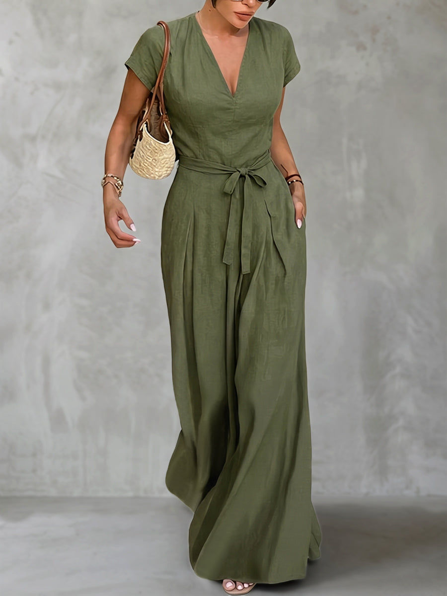 High-Waist V-Neck Pleated Pocket Jumpsuit