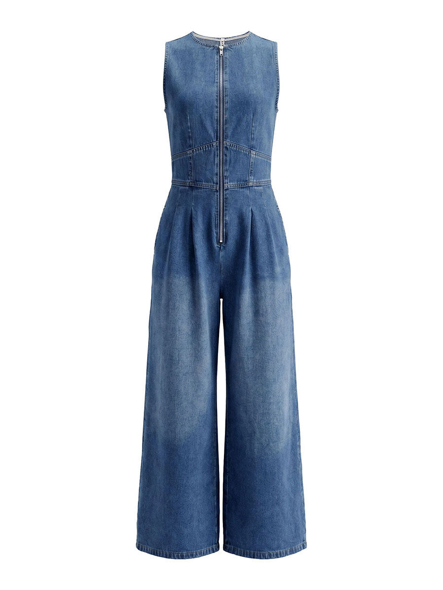 High-Waist Round-Neck Pleated Zip Jumpsuit