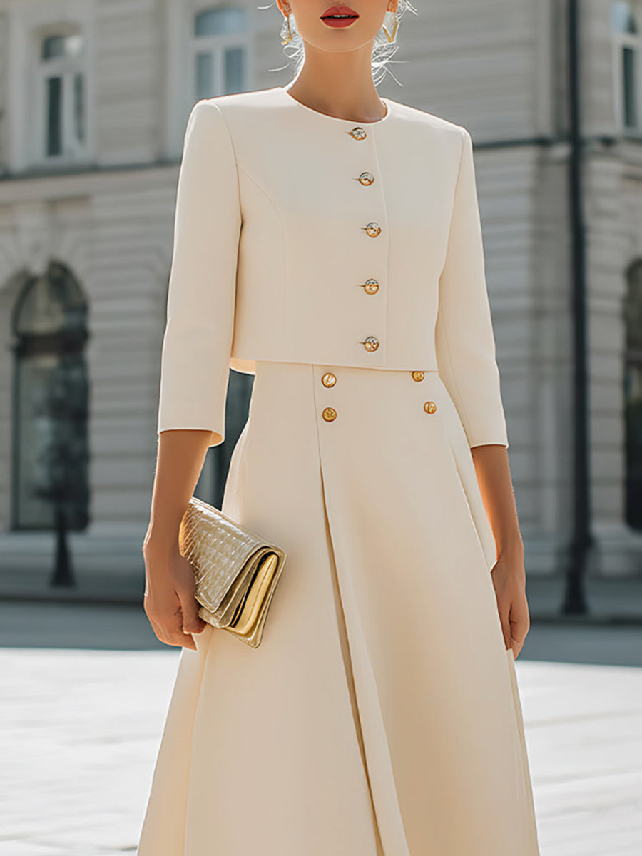 Round-Neck Button-Detail Three-Quarter Sleeve Jacket