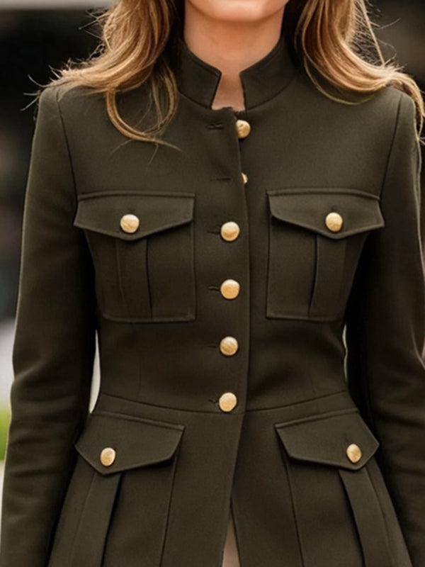 Stand-Collar Pleated Button-Detail Pocket Jacket