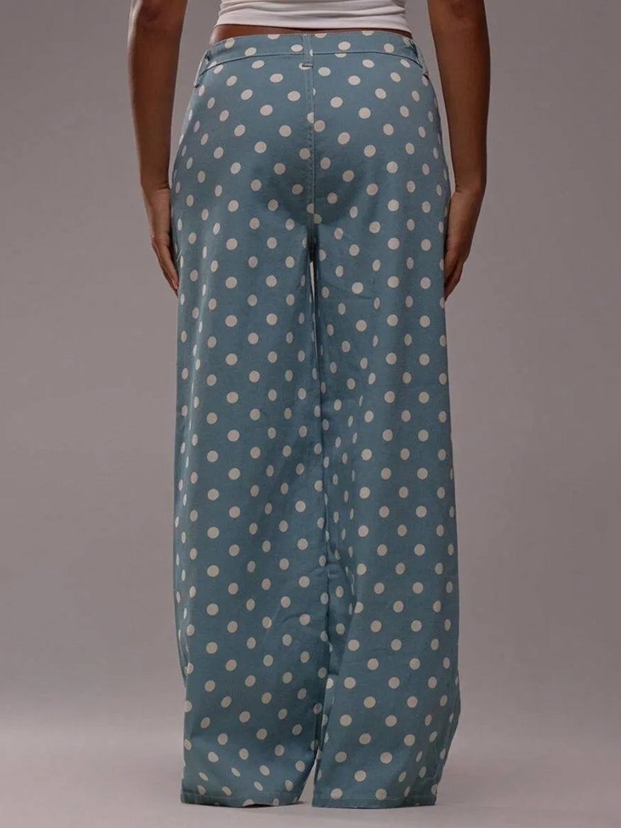 Polka Dot Wide-Leg High-Waist Button-Detail Belt