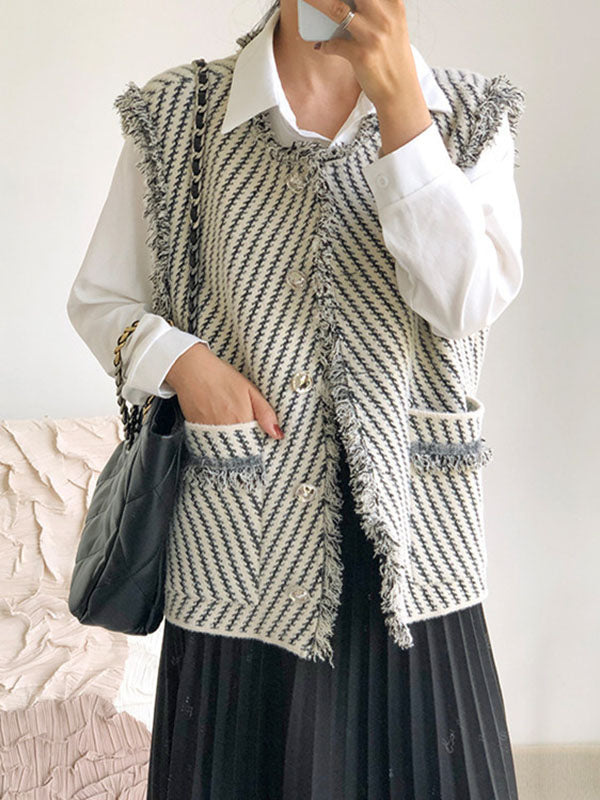 Striped V-Neck Fringe Button-Detail Vest