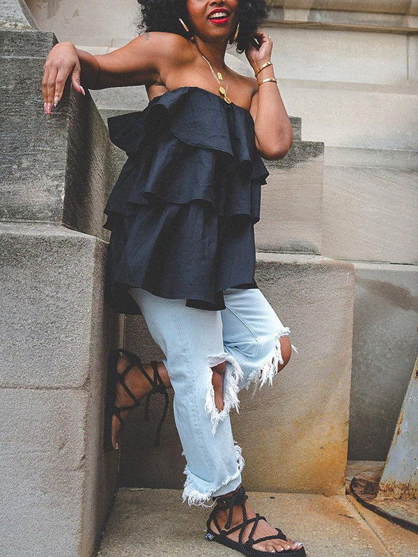 A-Line Ruffle Elastic Relaxed Vest