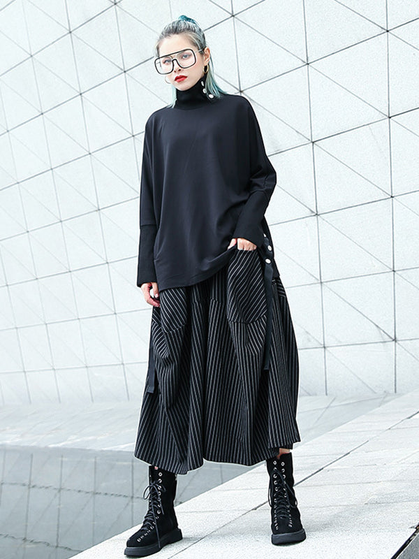 Striped High-Waist Pocket Elastic Culottes