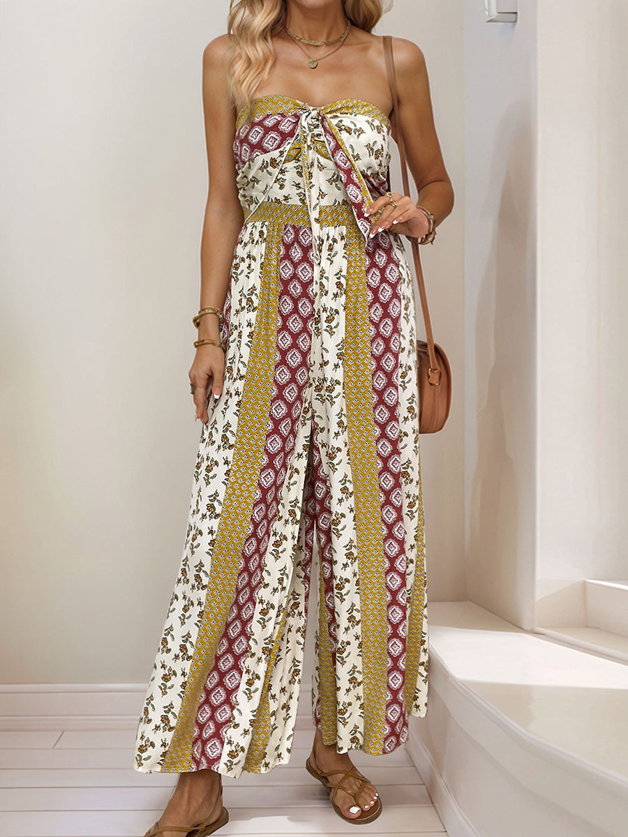 Printed High-Waist Pleated Open-Back Jumpsuit