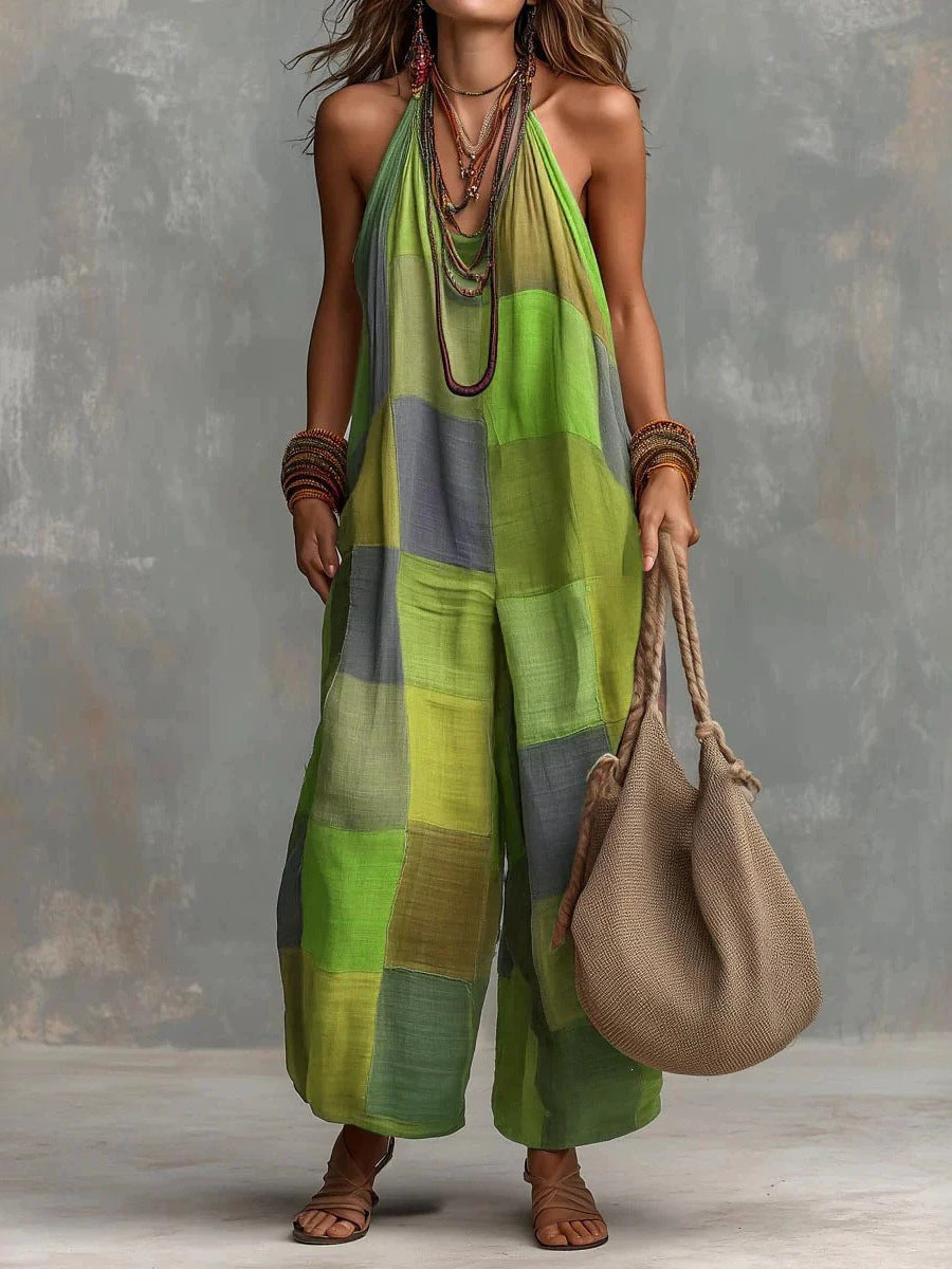 Checked Halter-Neck Sleeveless Relaxed Jumpsuit