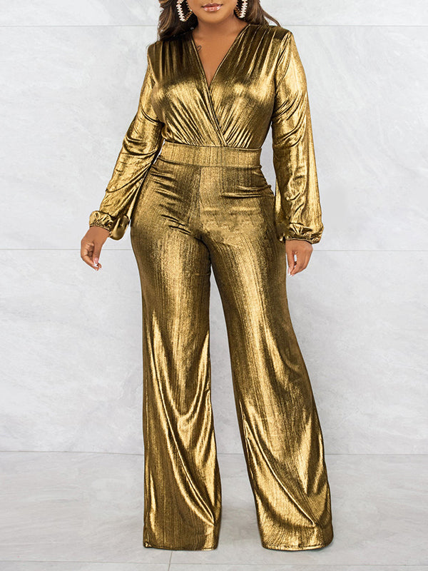 High-Waist V-Neck Elastic Jumpsuit