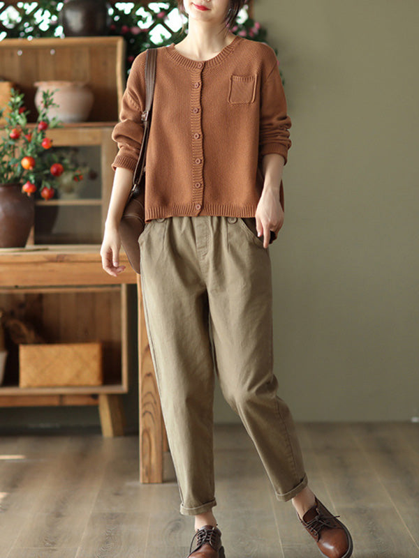 Round-Neck Button-Detail Long-Sleeve Relaxed Cardigan