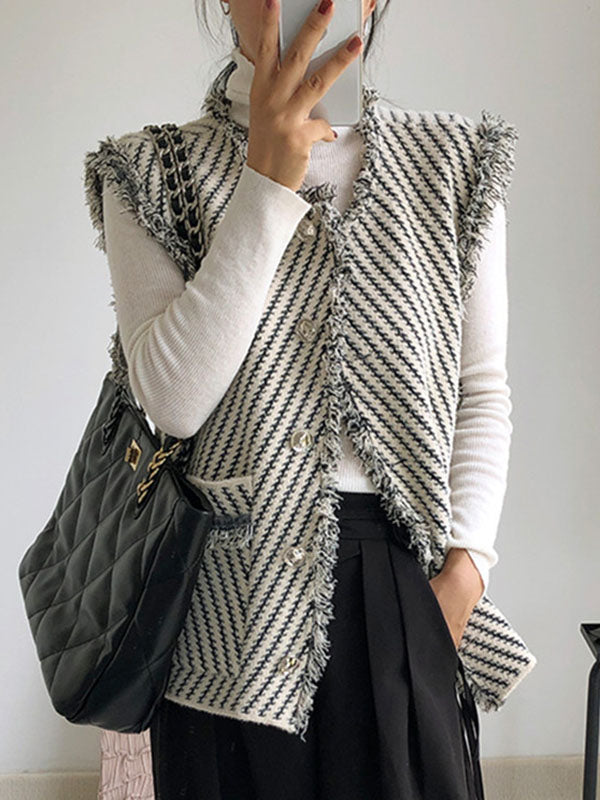 Striped V-Neck Fringe Button-Detail Vest