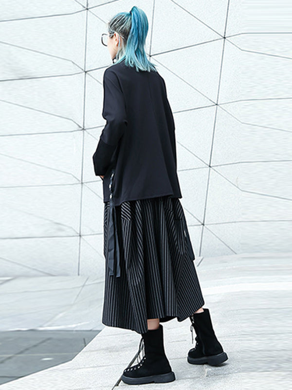 Striped High-Waist Pocket Elastic Culottes