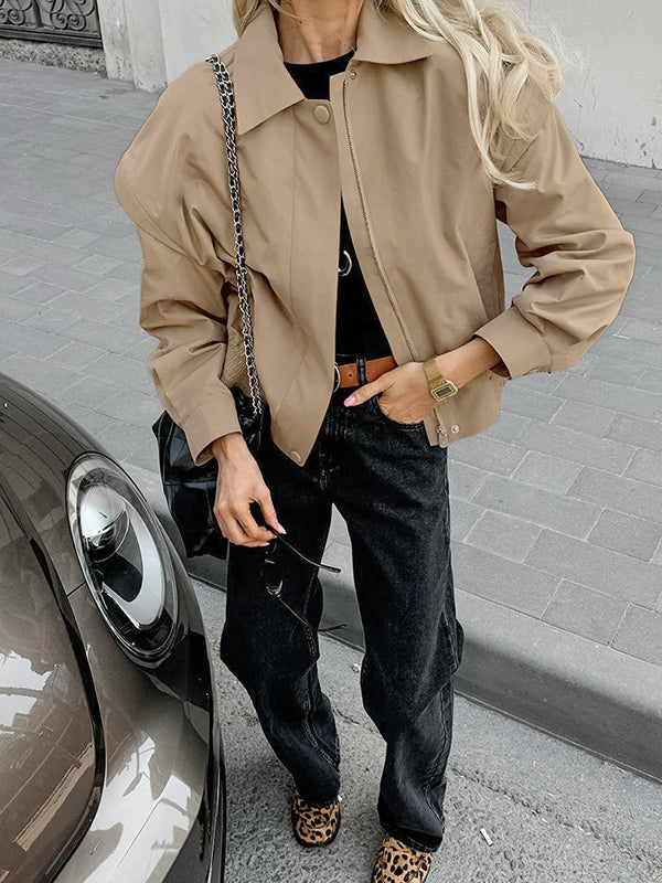 Button-Detail Zip Long-Sleeve Elastic Jacket