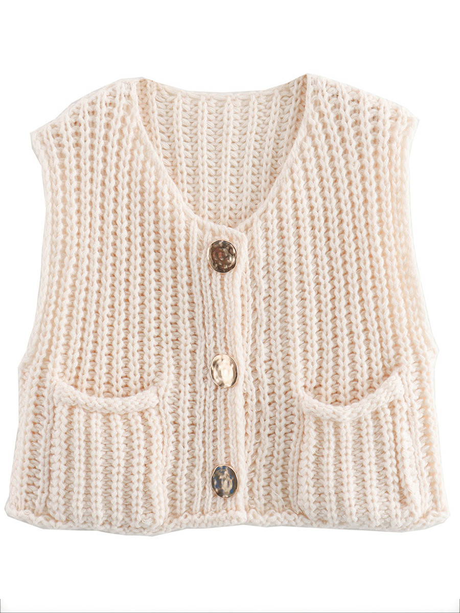 Knit Button-Detail Pocket Sleeveless Cardigan