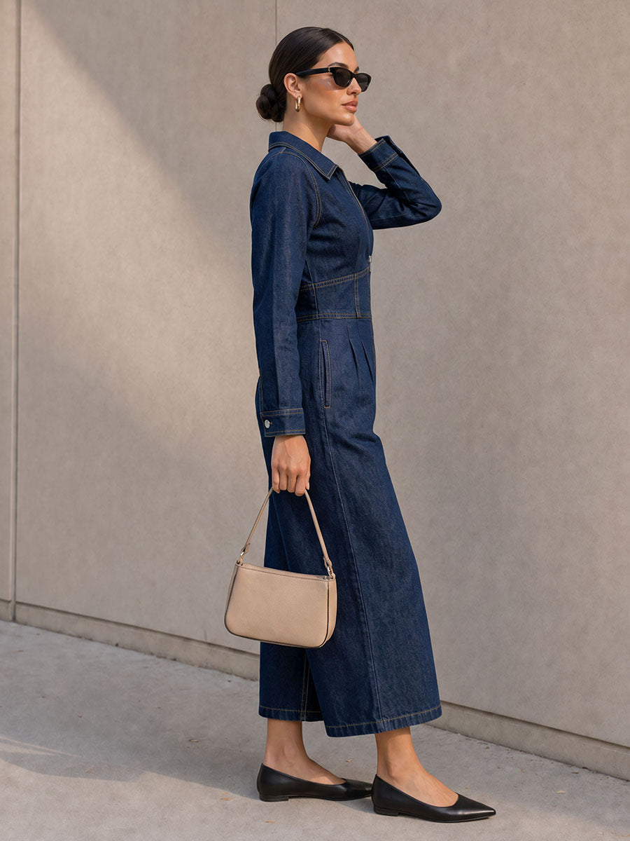 Wide-Leg Zip Pocket Long-Sleeve Jumpsuit