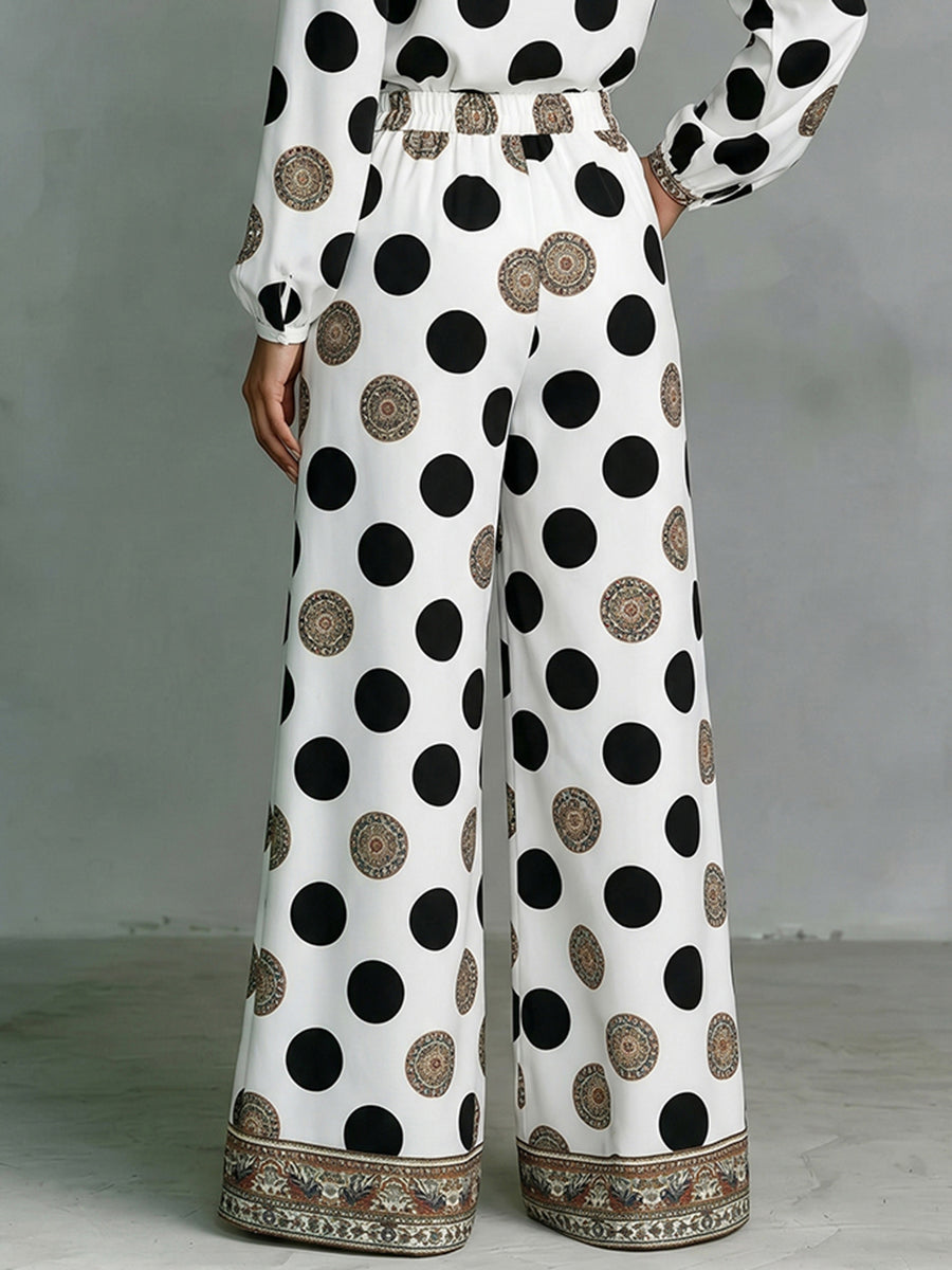 Polka Dot Wide-Leg High-Waist Pocket Pants