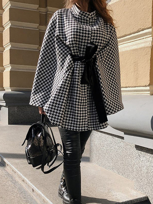 Houndstooth Stand-Collar Batwing Long-Sleeve Jacket