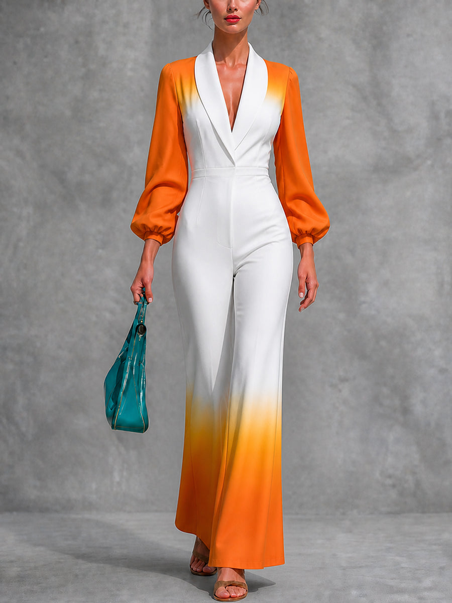 Gradient V-Neck Pleated Zip Jumpsuit