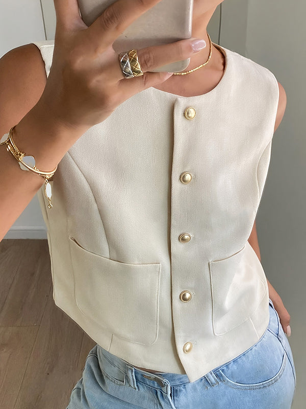 Round-Neck Button-Detail Pocket Sleeveless Vest