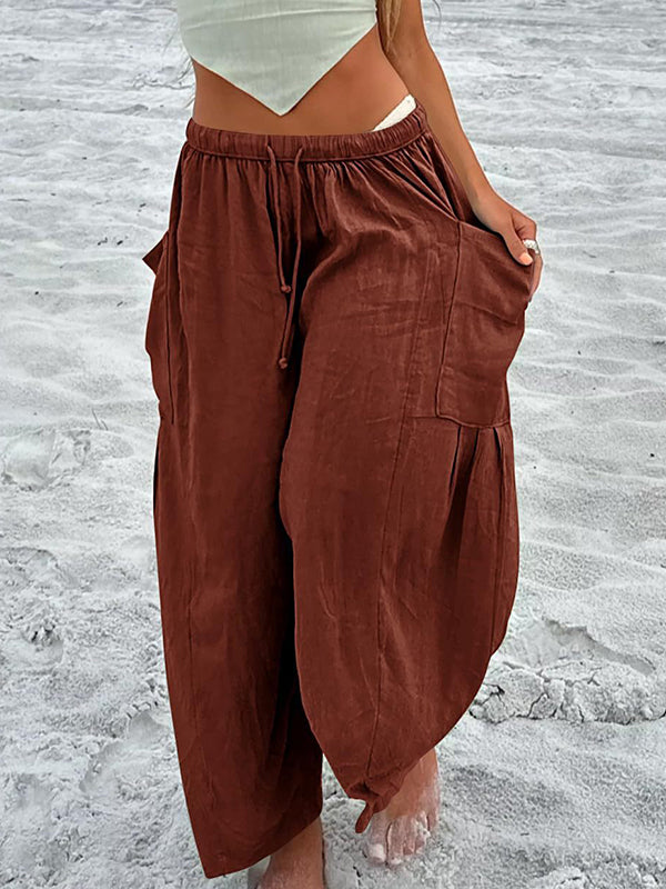 High-Waist Pleated Drawstring Pocket Pants