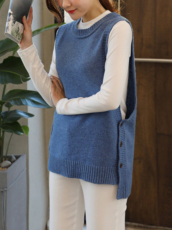 Round-Neck Button-Detail Sleeveless Relaxed Vest