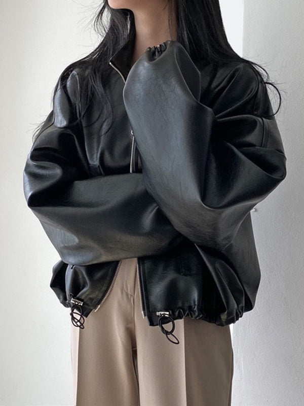 Stand-Collar Drawstring Zip Long-Sleeve Jacket