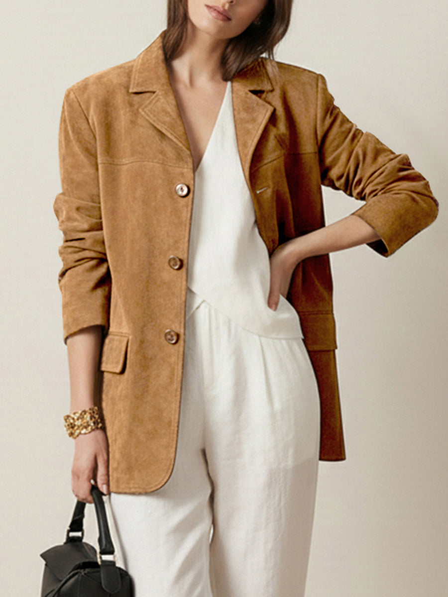 Notch-Collar Button-Detail Long-Sleeve Relaxed Blazer