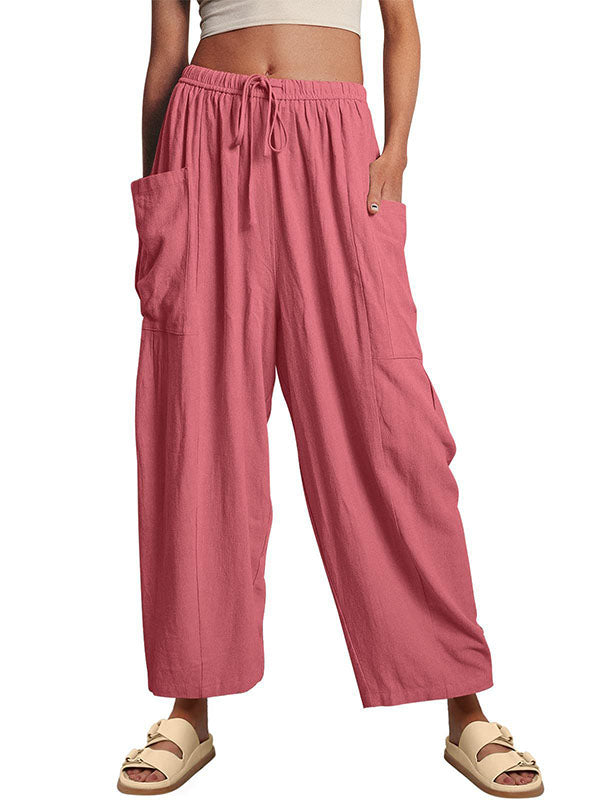 High-Waist Pleated Drawstring Pocket Pants
