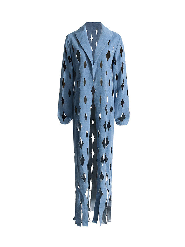 Denim Notch-Collar Fringe Long-Sleeve Jacket
