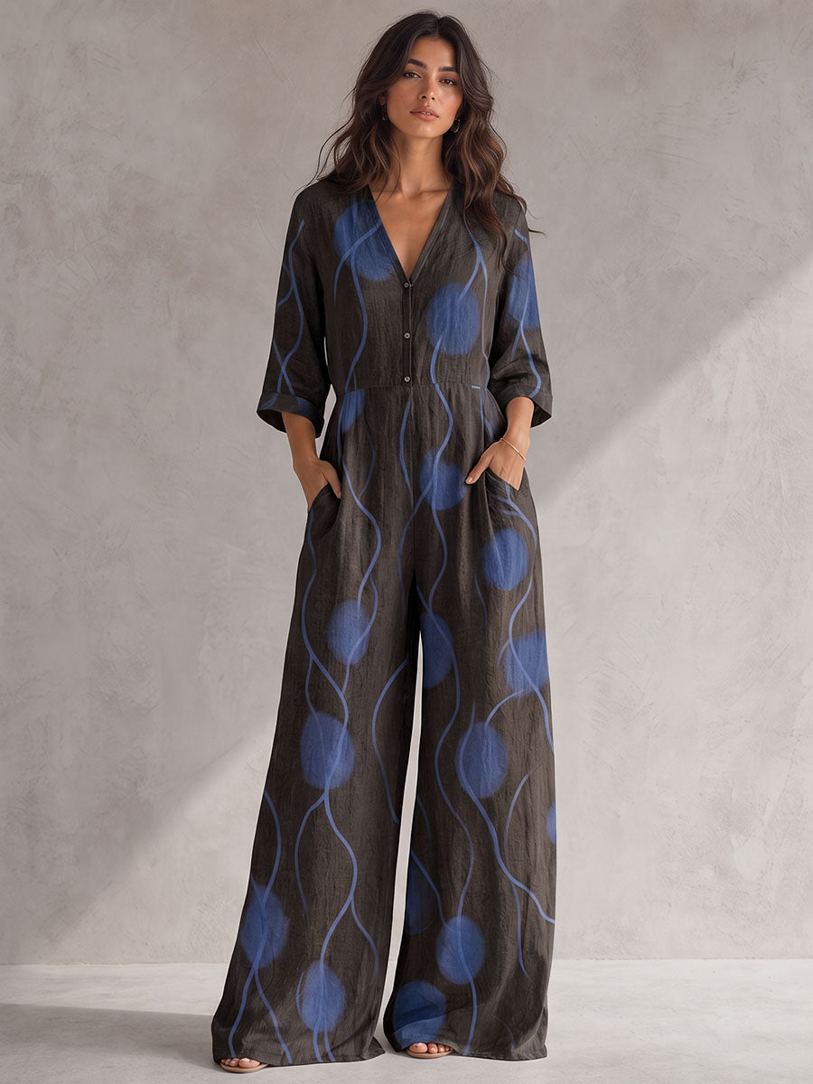 Wide-Leg V-Neck Button-Detail Pocket Jumpsuit