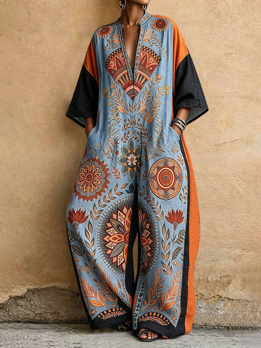 Floral V-Neck Pocket Three-Quarter Sleeve Jumpsuit