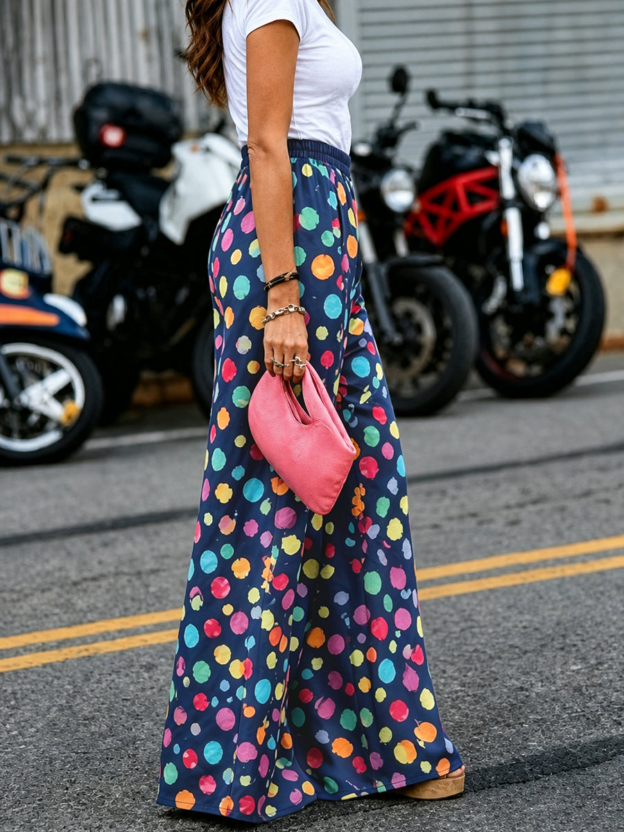 Polka Dot Wide-Leg High-Waist Pocket Pants