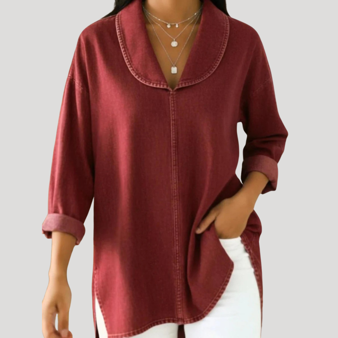 Camille | Faux Denim Shawl Collar Blouse