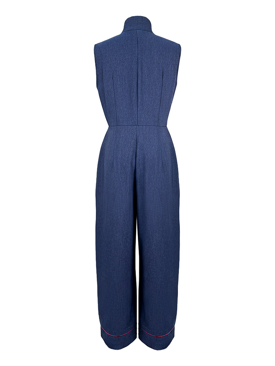 High-Waist Stand-Collar Zip Pocket Jumpsuit