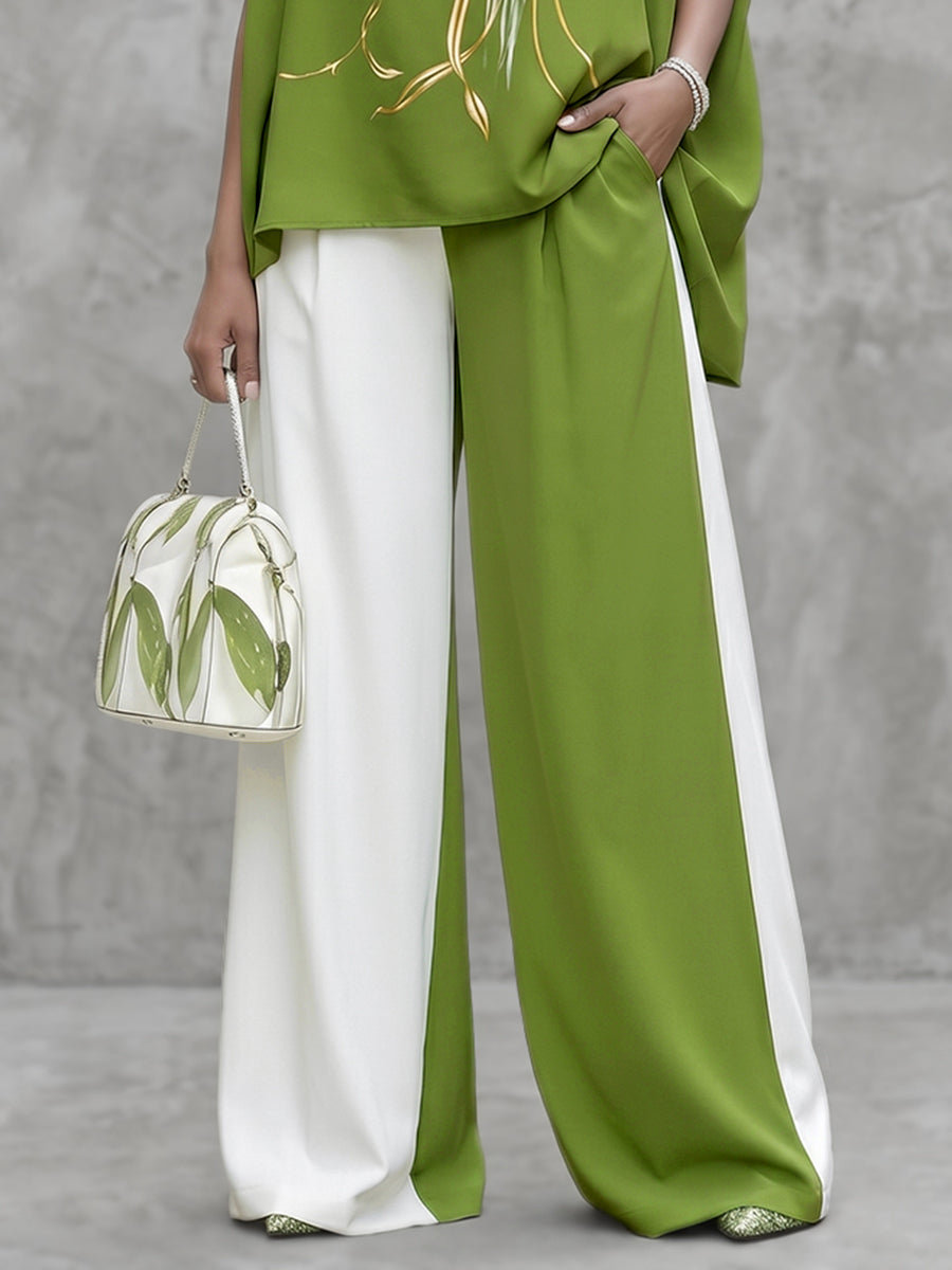 Wide-Leg High-Waist Pocket Contrast Pants