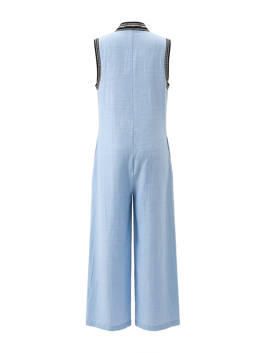 Wide-Leg Stand-Collar Zip Pocket Jumpsuit