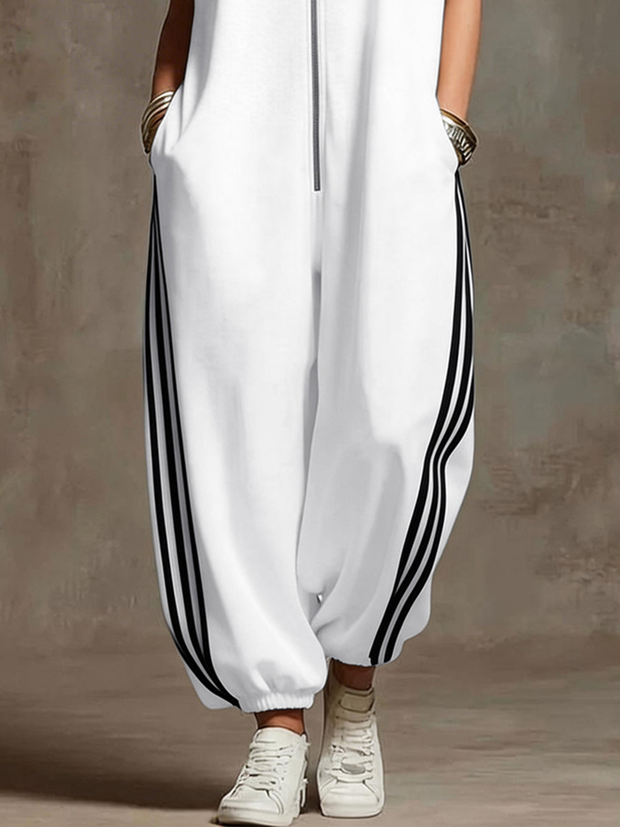 Striped Plus Size Stand-Collar Zip Jumpsuit