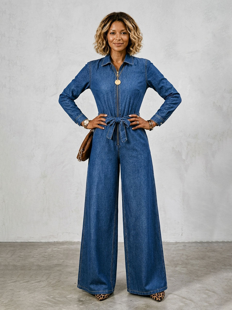 Wide-Leg Zip Pocket Long-Sleeve Jumpsuit