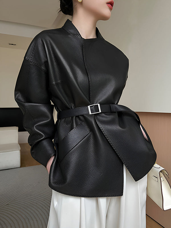 Stand-Collar Belted Long-Sleeve Relaxed Belt